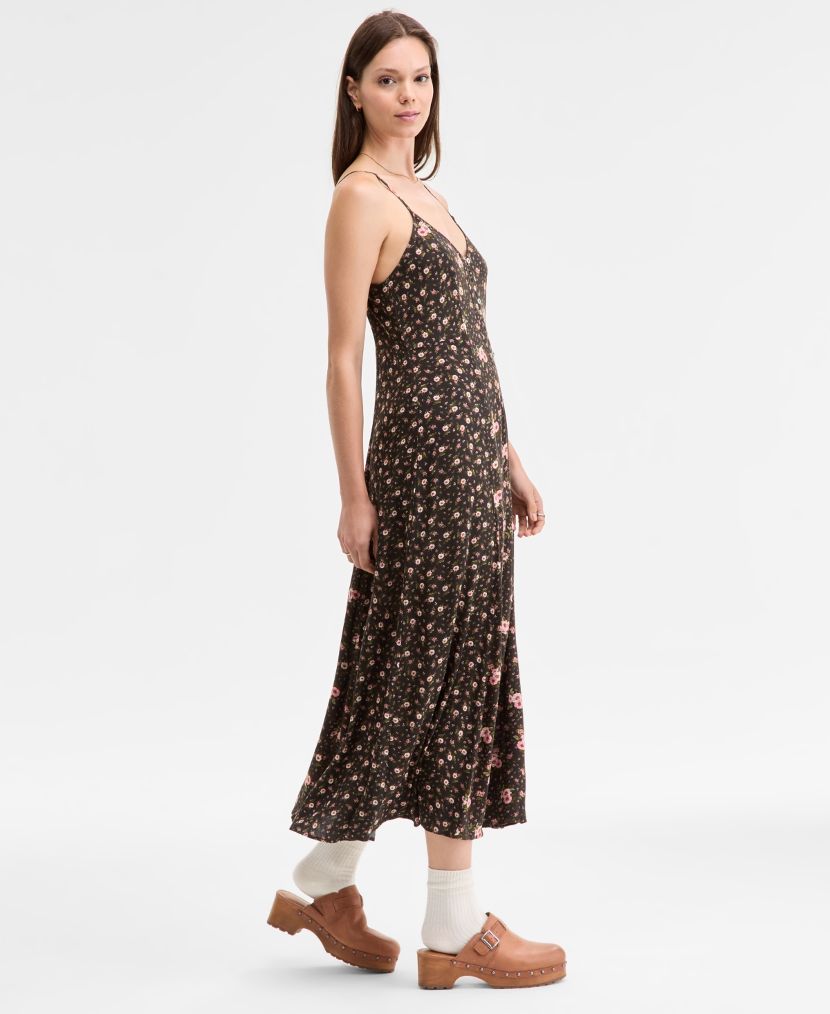 Lucky Brand Print Mix Button Through Midi Dress In Brown