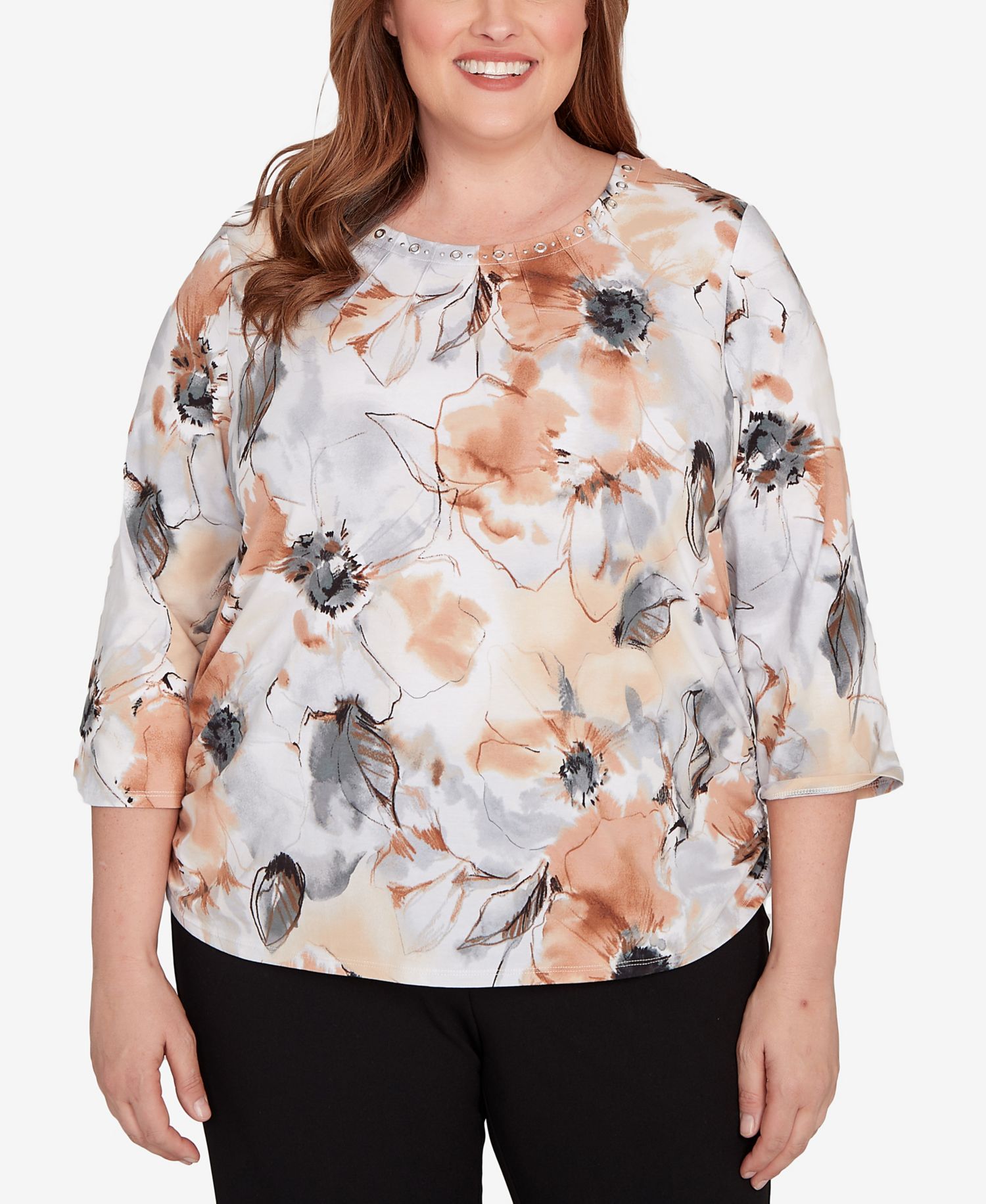 Plus Size Watercolor Floral Gathered Sides Crew Neck Top