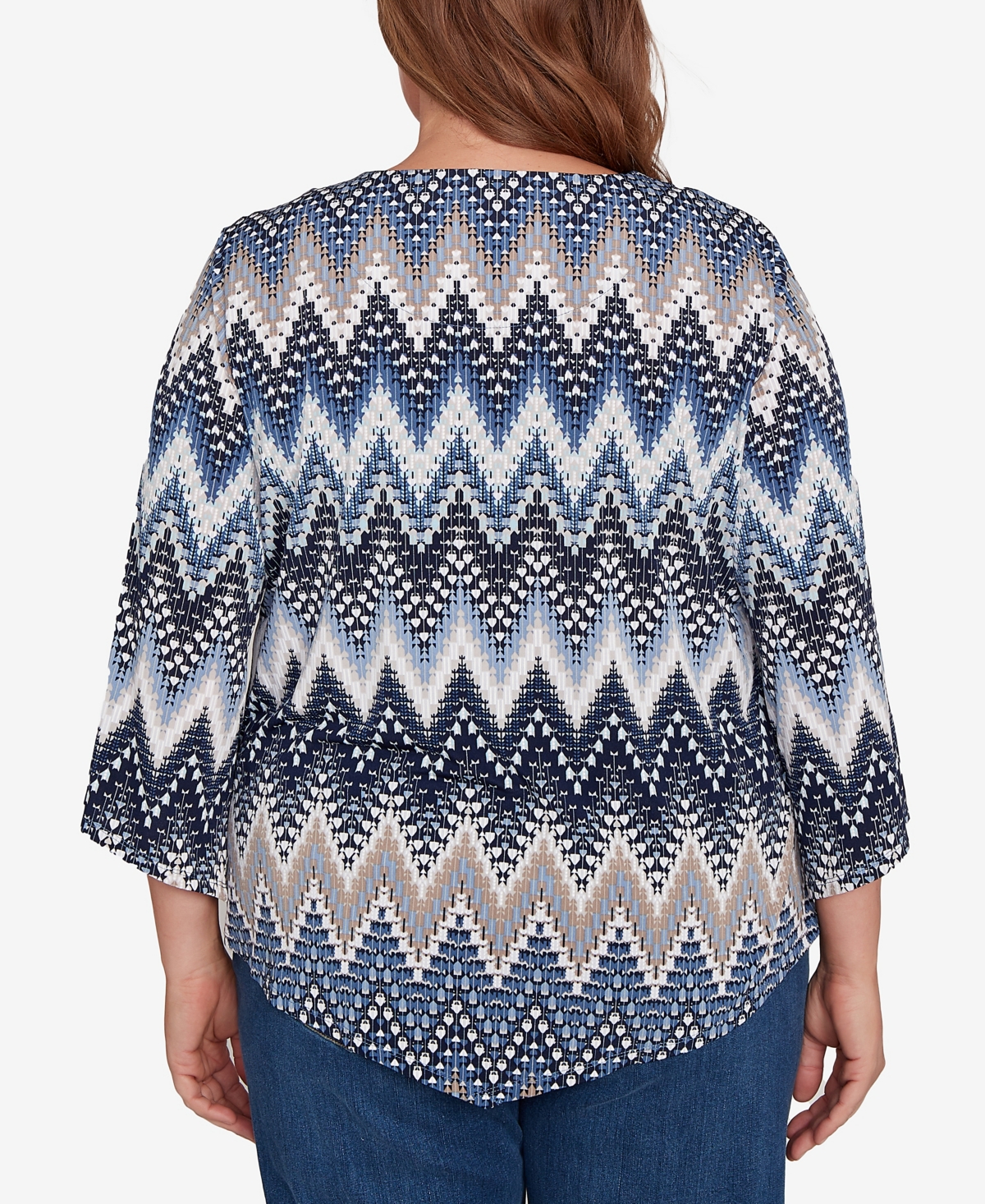 Alfred Dunner Plus Size Classic Puff Print Textured Chevron Crew Neck Top In Blue