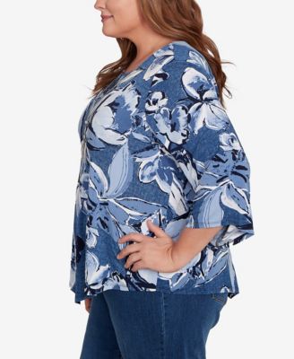 Plus Size Classic Puff Print Denim Floral Top
