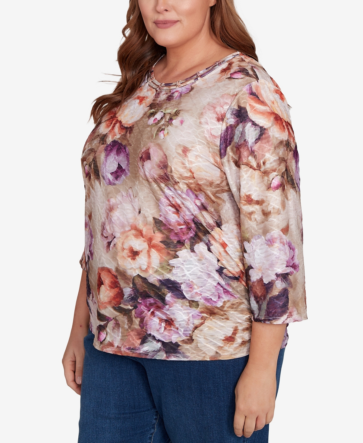 Alfred Dunner Plus Size Classic Textured Floral Ruched Sides Crew Neck Top In Multi
