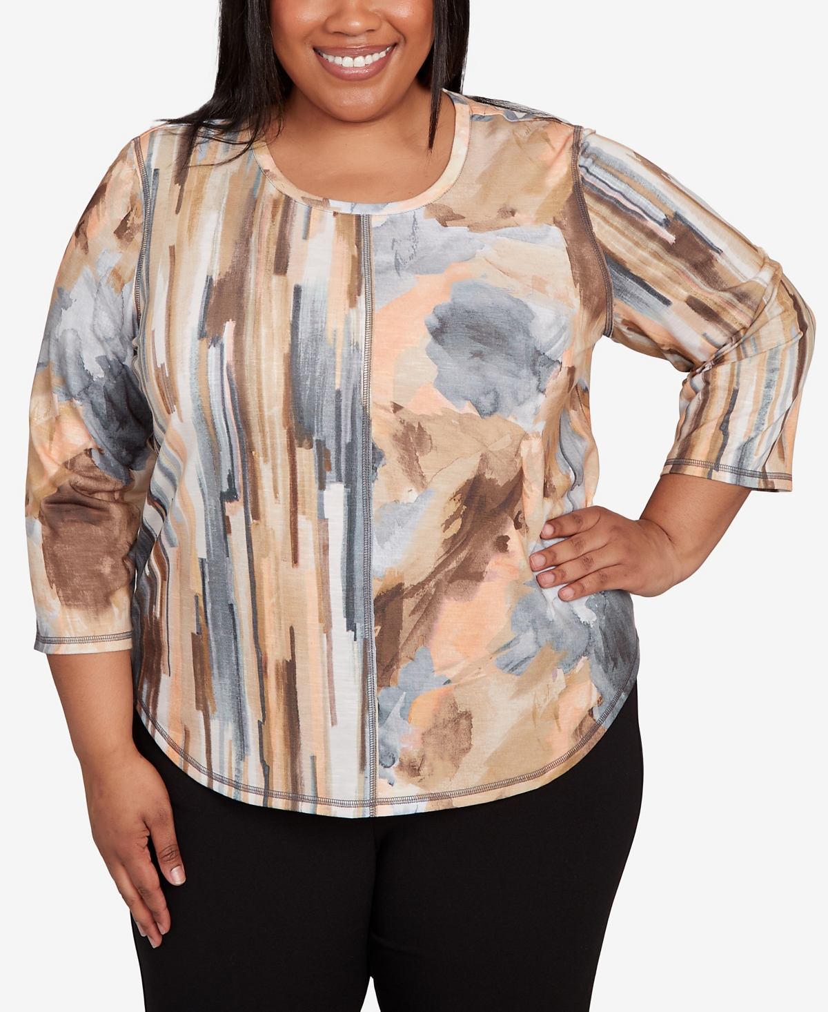 Alfred Dunner Plus Size Classic Spliced Floral Stripe Crew Neck Top In Multi