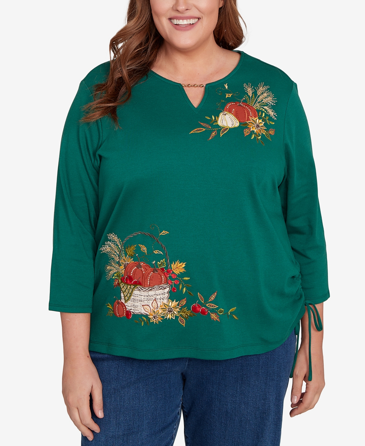 Alfred Dunner Plus Size Classic Asymmetric Pumpkin Split Beaded Keyhole Neck Top In Green