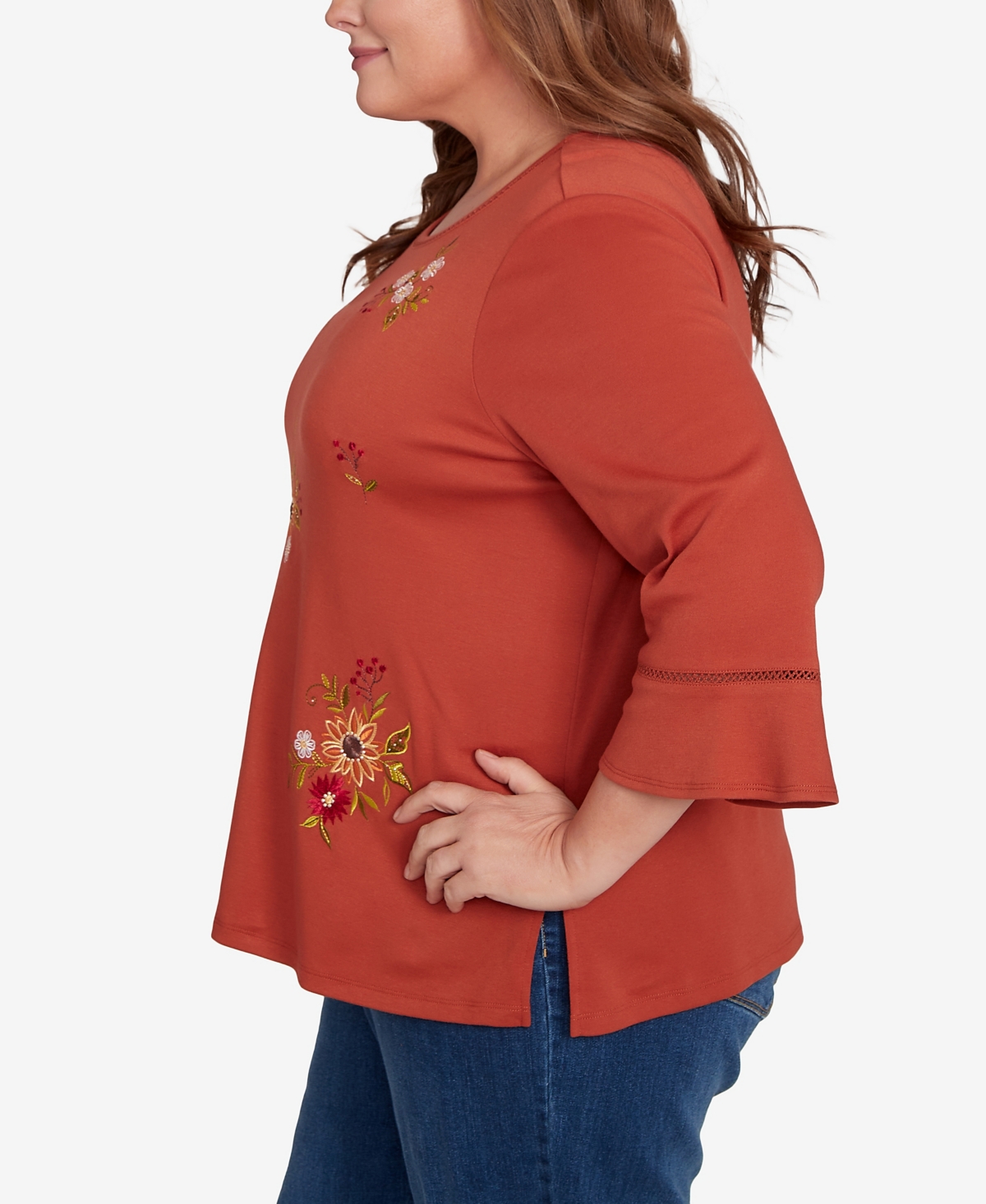 Alfred Dunner Plus Size Classic Tossed Floral Flutter Sleeve Top In Brown
