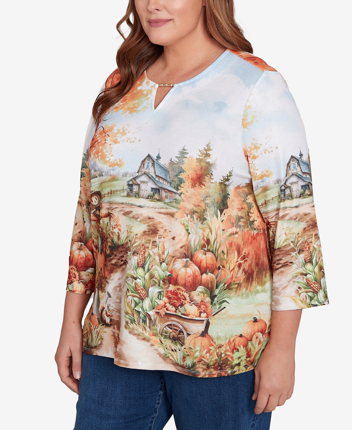 Alfred Dunner Plus Size Classic Farm Landscape Harvest Keyhole Neck Top In Multi