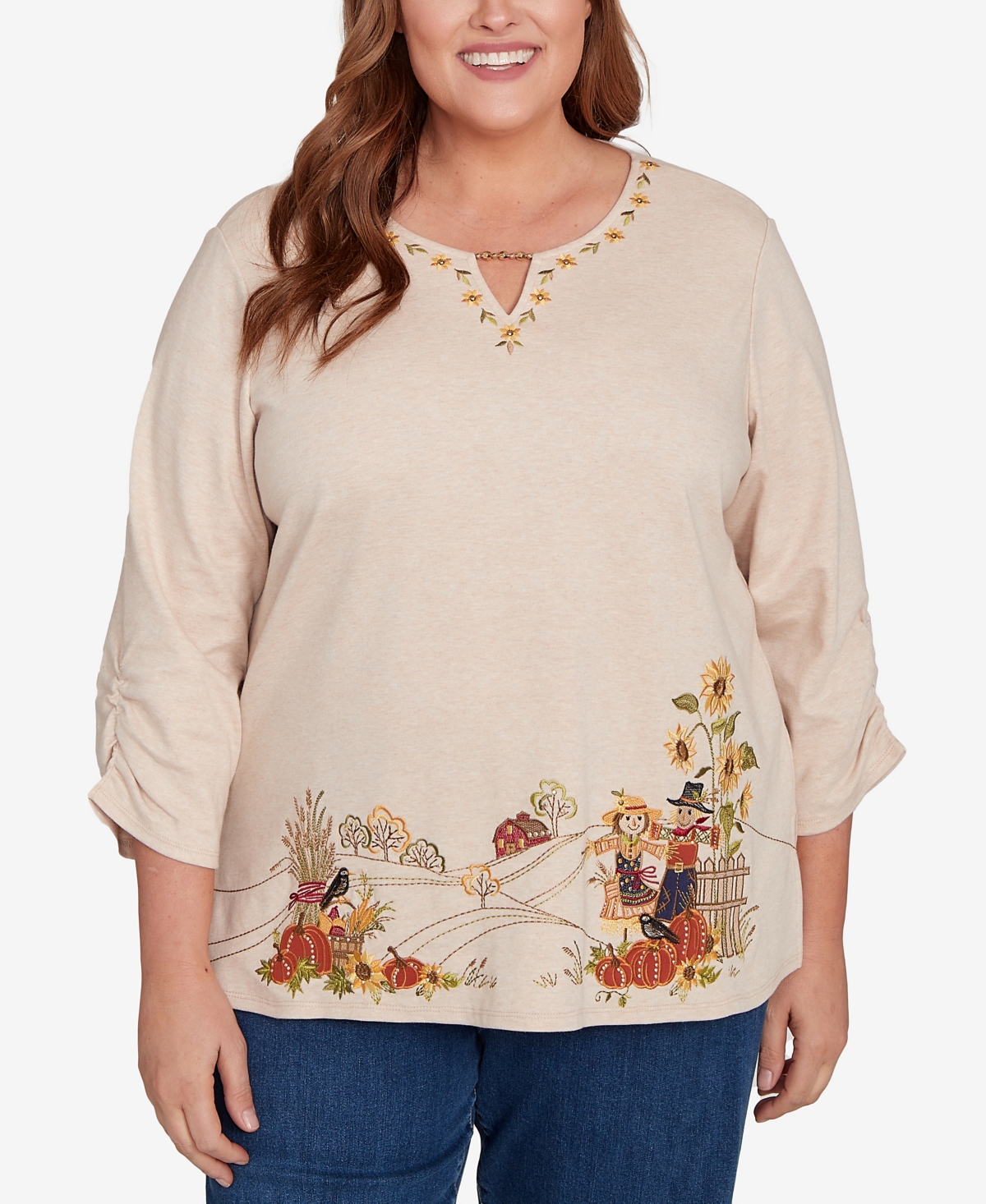 Alfred Dunner Plus Size Classic Scarecrow Bordered Keyhole Neck Top In Neutral