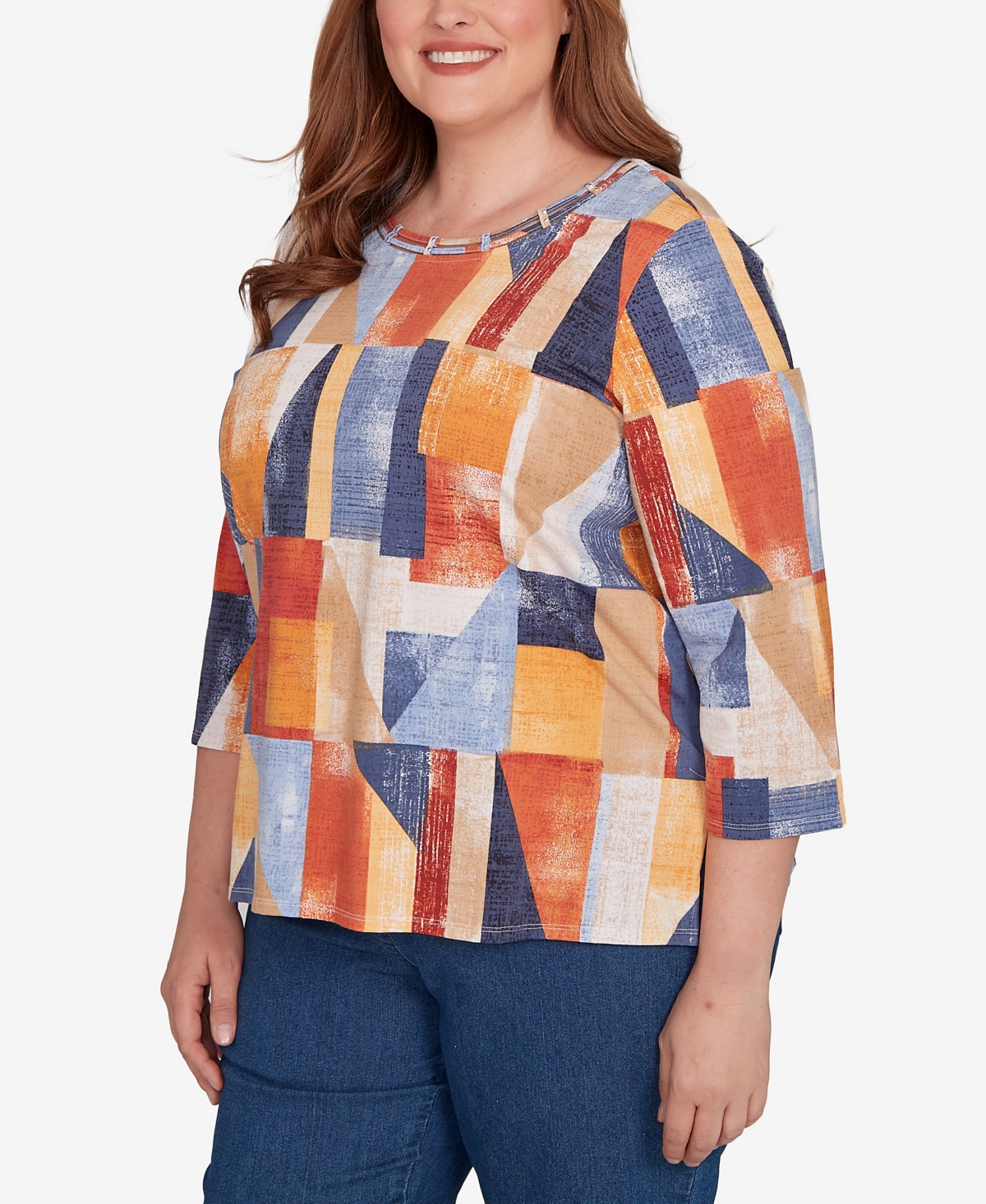 Alfred Dunner Plus Size Colorblock Detailed Crew Neck Top In Multi
