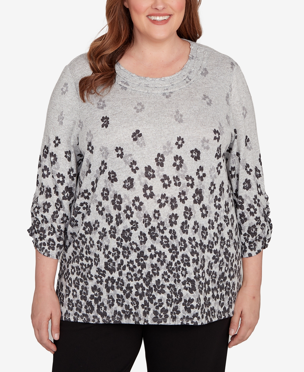 Alfred Dunner Plus Size Classic Floral Border Gathered Sleeve Top In Multi