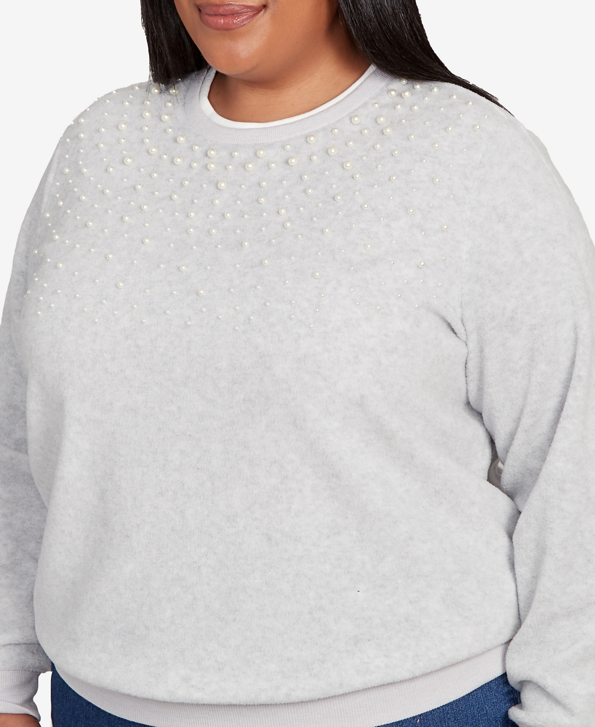 Alfred Dunner Plus Size Classic Embellished Neckline Anti-pill Sweater In Gray