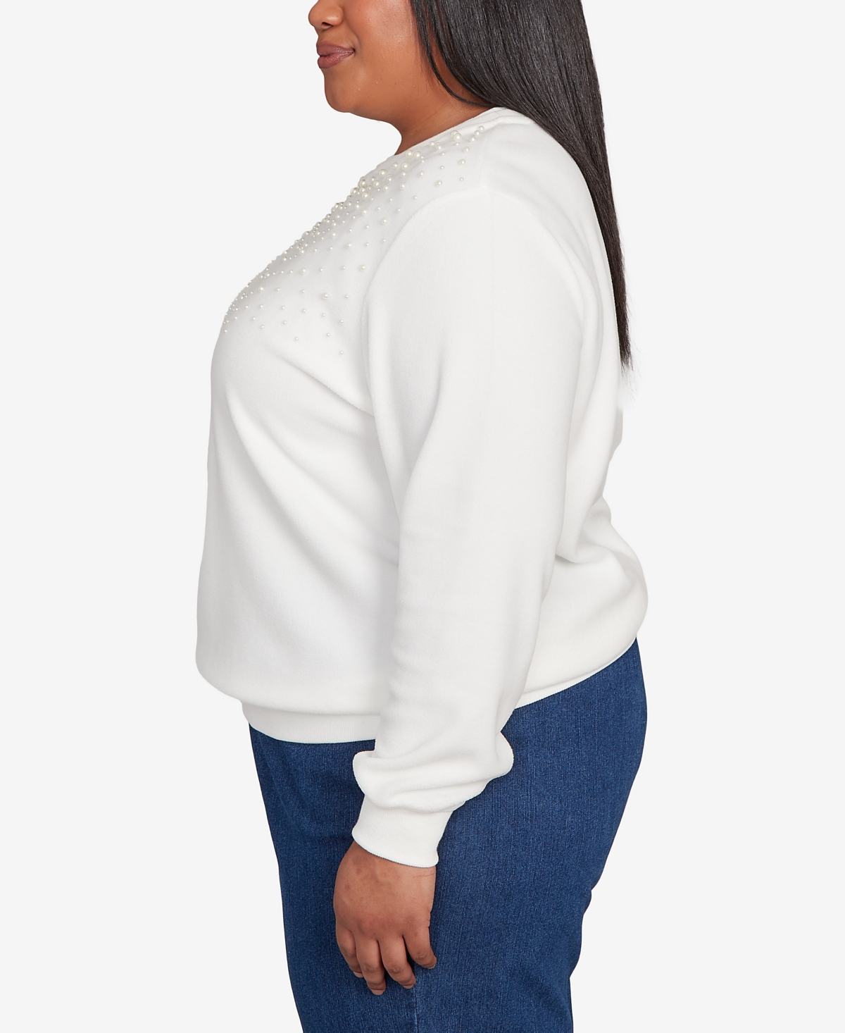 Alfred Dunner Plus Size Classic Embellished Neckline Anti-pill Sweater In White