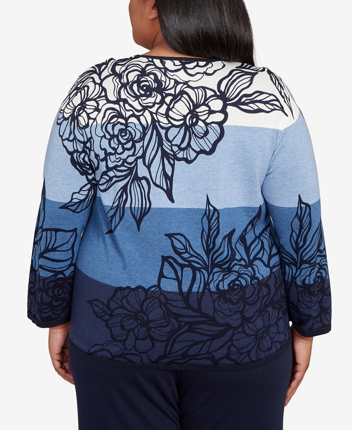 Alfred Dunner Plus Size Classic Ombre Floral Block Stripe Sweater In Blue