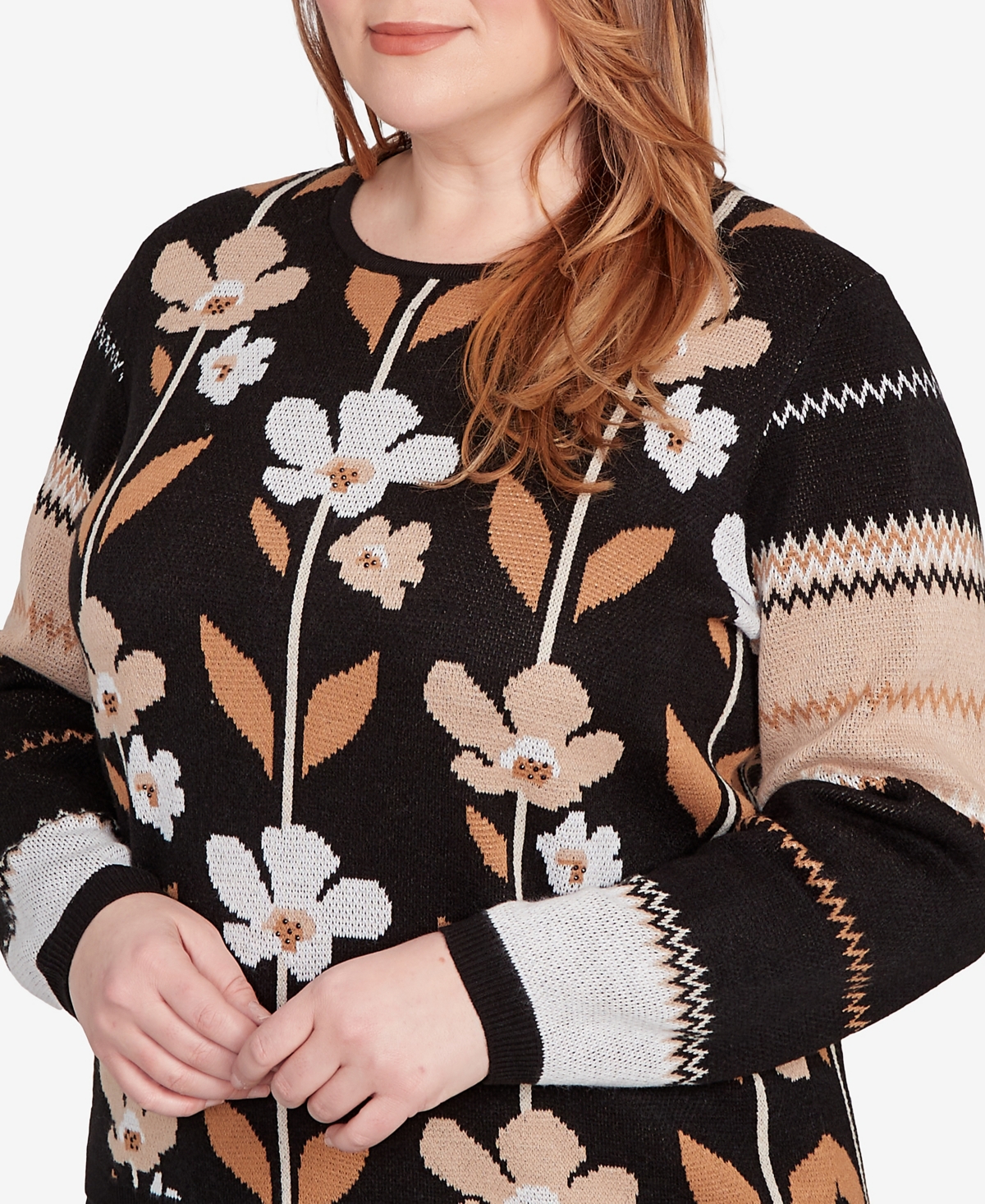 Alfred Dunner Plus Size Classic Vertical Flower Zig Zag Sweater In Black