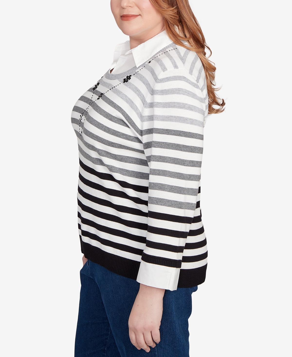 Alfred Dunner Plus Size Classic Ombre Stripe Two In One Sweater In Black