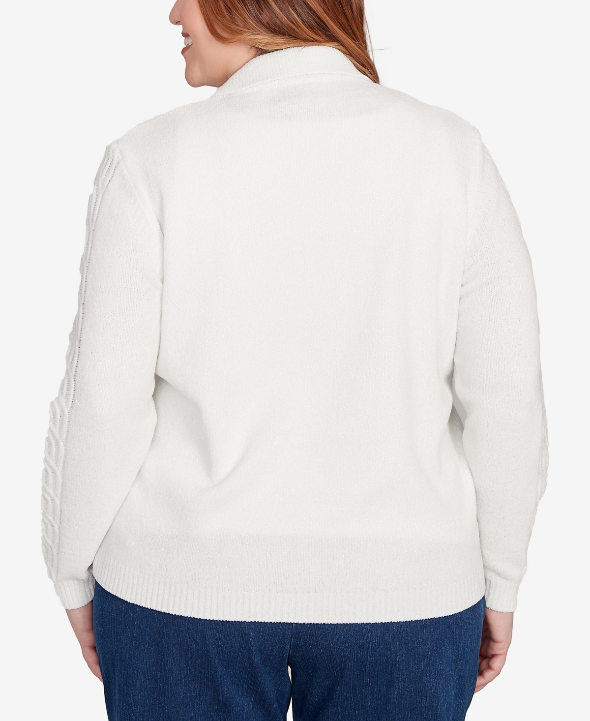 Alfred Dunner Plus Size Classic Zip-front Chenille Collared Cardigan Sweater In White