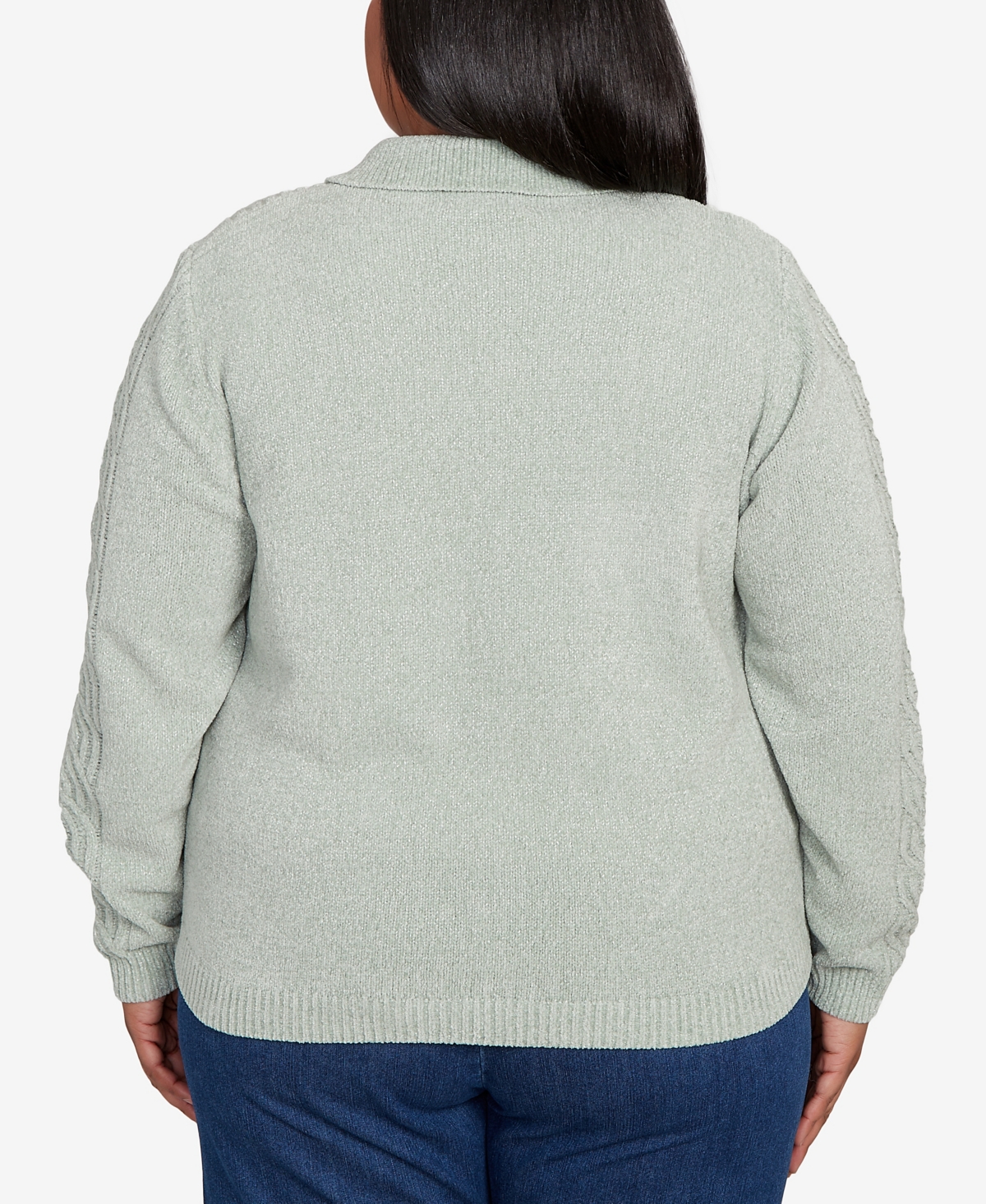 Alfred Dunner Plus Size Classic Zip-front Chenille Collared Cardigan Sweater In Green