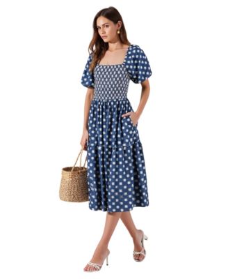 Women's Smocked Puff-Sleeve Tiered Midi Dress with Pockets