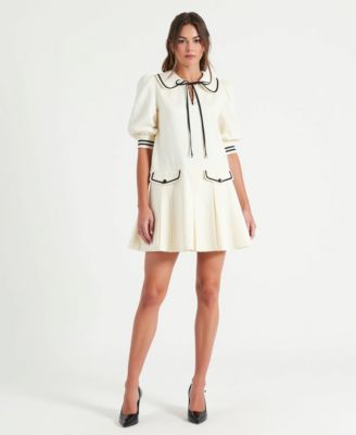 Women's Pleated Contrast Collar Bow Tie Mini Dress