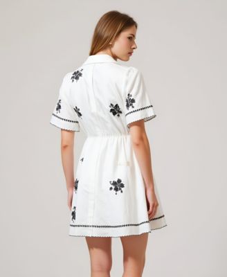 Women's Short-Sleeve Embroidered Scalloped Shirt Dress