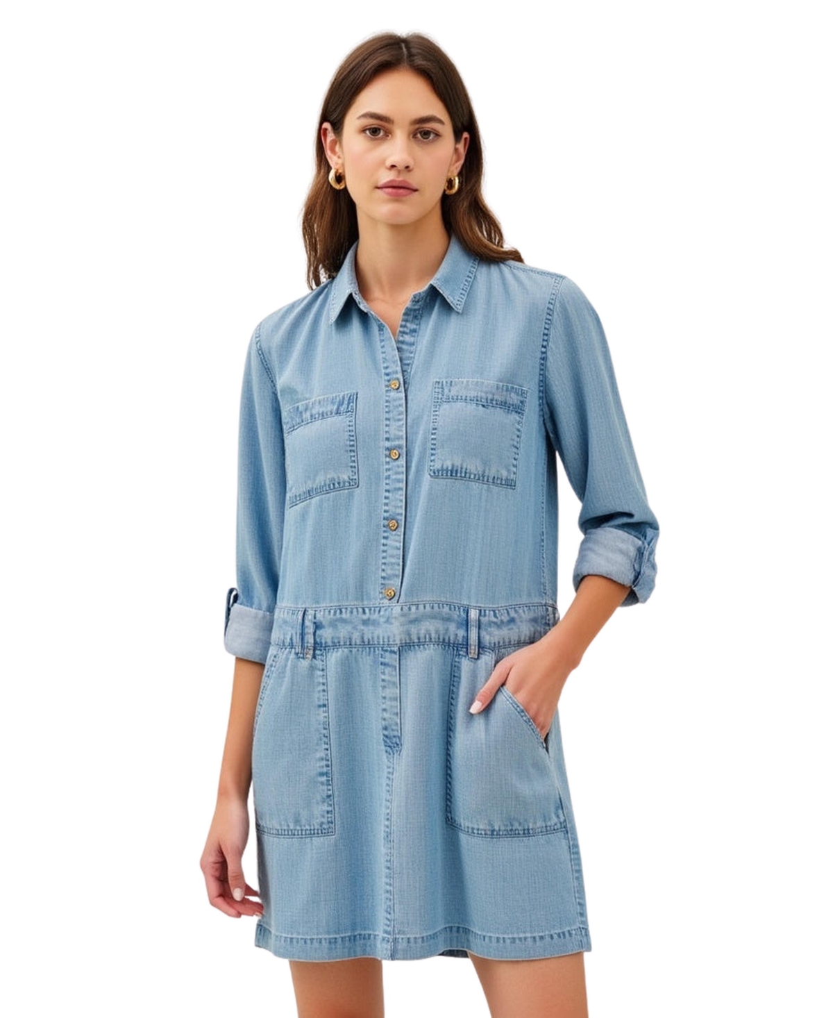 Women's Button-Front Denim Mini Dress with Pockets - Blue
