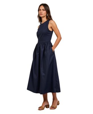 Women's Sleeveless Crewneck Gathered Waist Midi Dress
