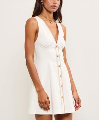 Women's V-Neck Sleeveless Button-Front Contrast Trim Mini Dress
