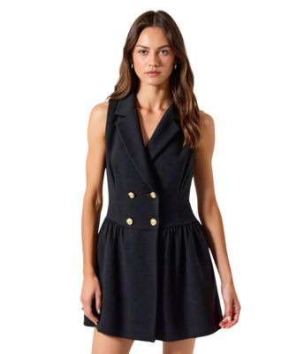 Modenaire Women's Sleeveless Double-Breasted Boucle Tweed Flared Hem Dress - Black