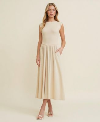 Women's Cap Sleeve Knit Bodice Midi Dress with Pockets