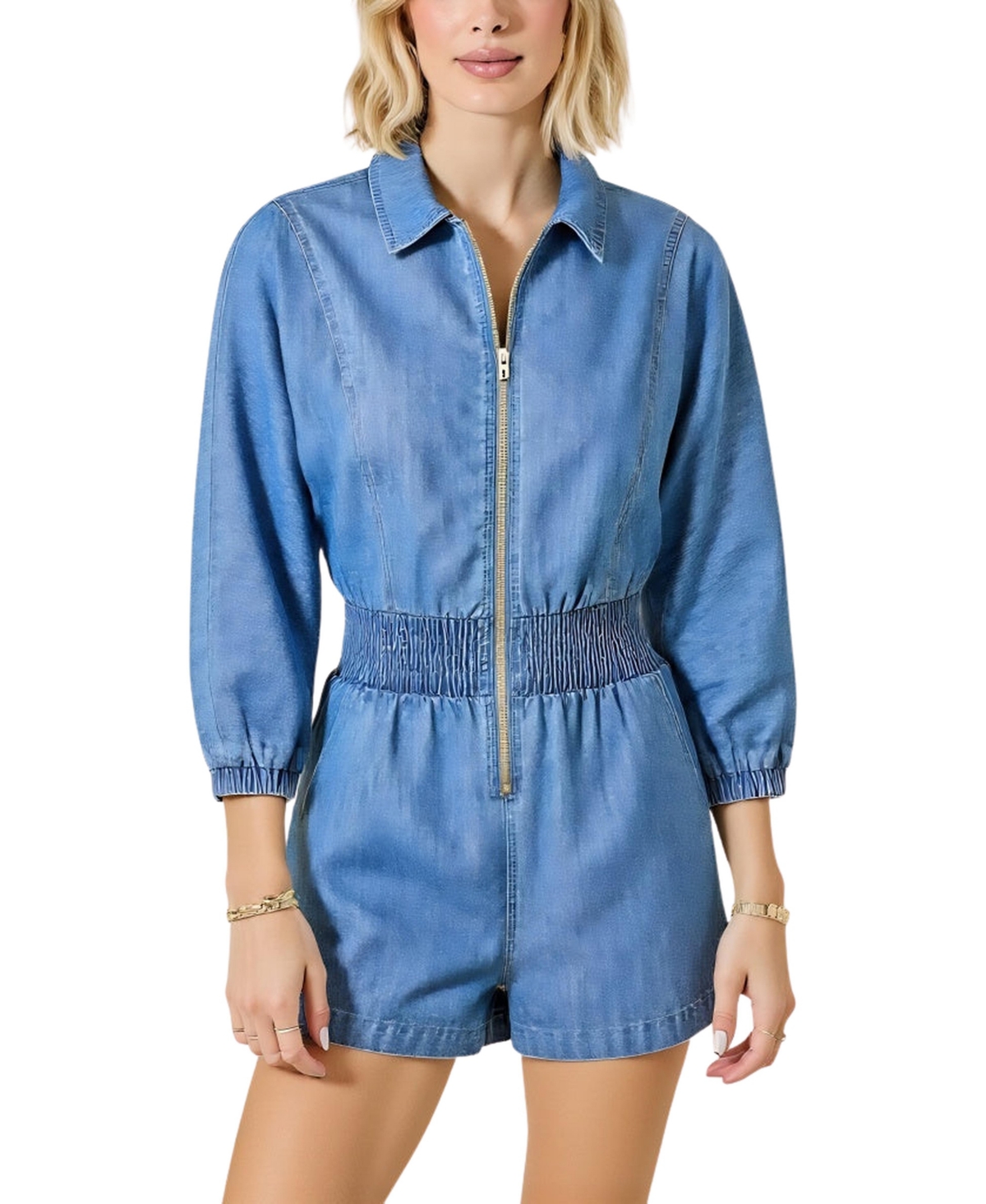 Women's Zip Front Smocked Waist 3/4 Sleeve Romper - Blue