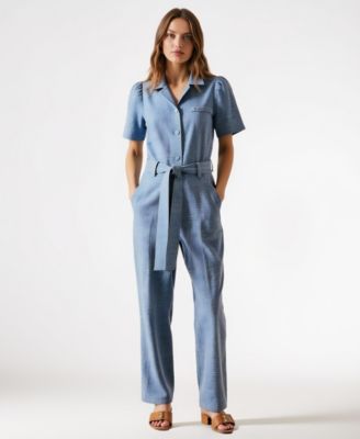 Women's Paisley Print Belted Short Sleeve Button Front Jumpsuit