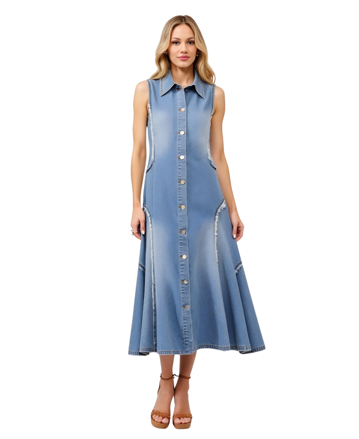 Women's Sleeveless Frayed Seams Button Front Midi Dress - Blue