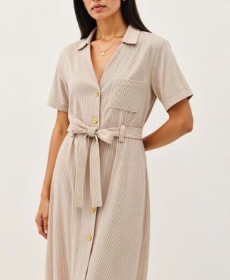 Women's Striped Collared Waist Tie Button-Down Midi Dress