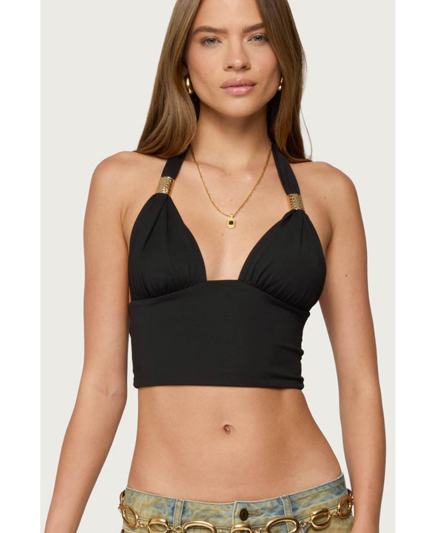 Женский топ Edikted Aiva Backless Plunge Neck Halter, цвет: Чёрный — фото 1