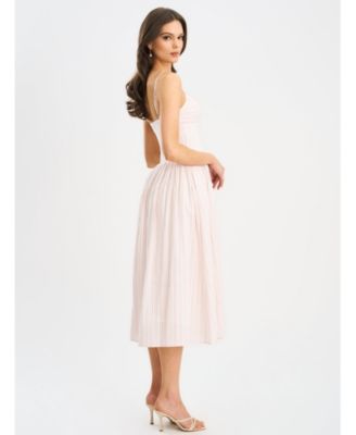 Women's Zania Pink Stripe Ruched Breast Cotton Jacquard Midi Dress