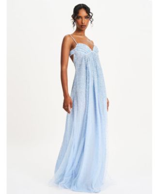 Women's Wallie Baby Blue Rhinestone Embellished Mesh Backless Gown