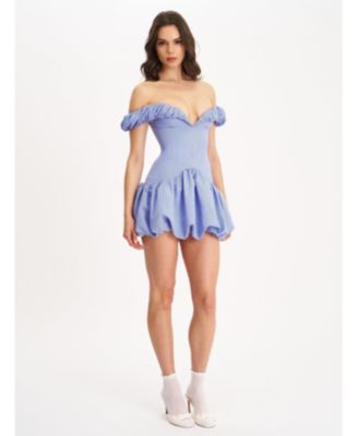 Women Sablee Checkered Puffy Off Shoulder Trim Bubble Hem Mini Dress