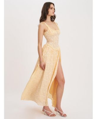 Women's Ulissa Orange Square Neck Jacquard Textured High Slit Maxi Dress