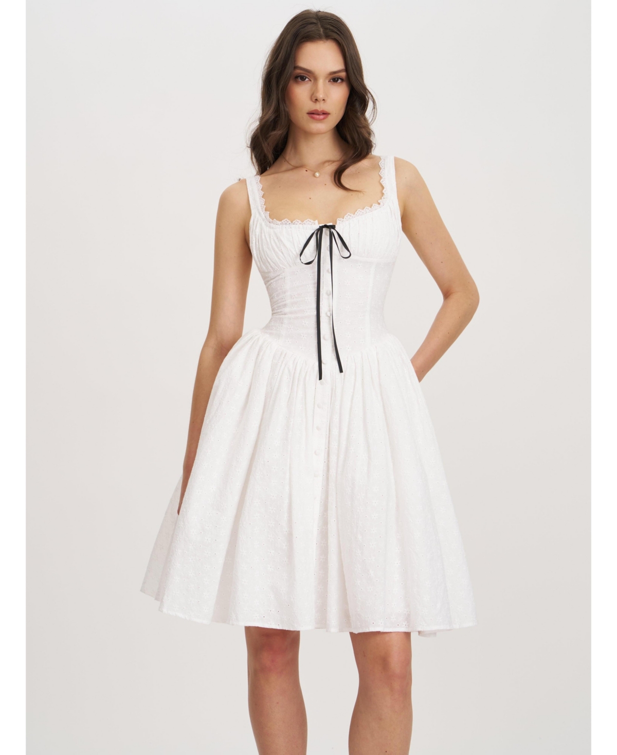 Women's Madison Cotton Eyelet Square Neck Midi Dress - White