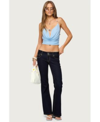 Women's Beaded Deep Cowl Neck Backless Top