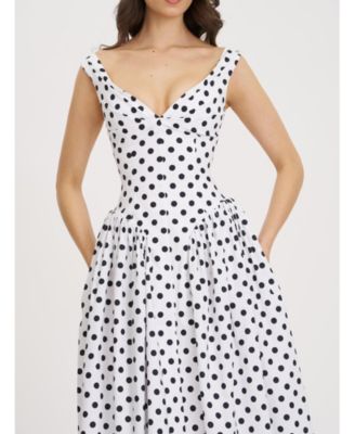 Women's Rahma Polka Dot Drop Waist Midi Cotton Poplin Dress