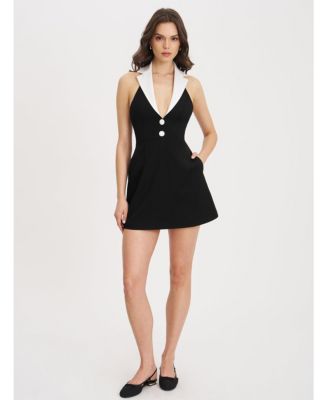 Women Ignacia Office Casual Black and White Halter Mini A-line Dress