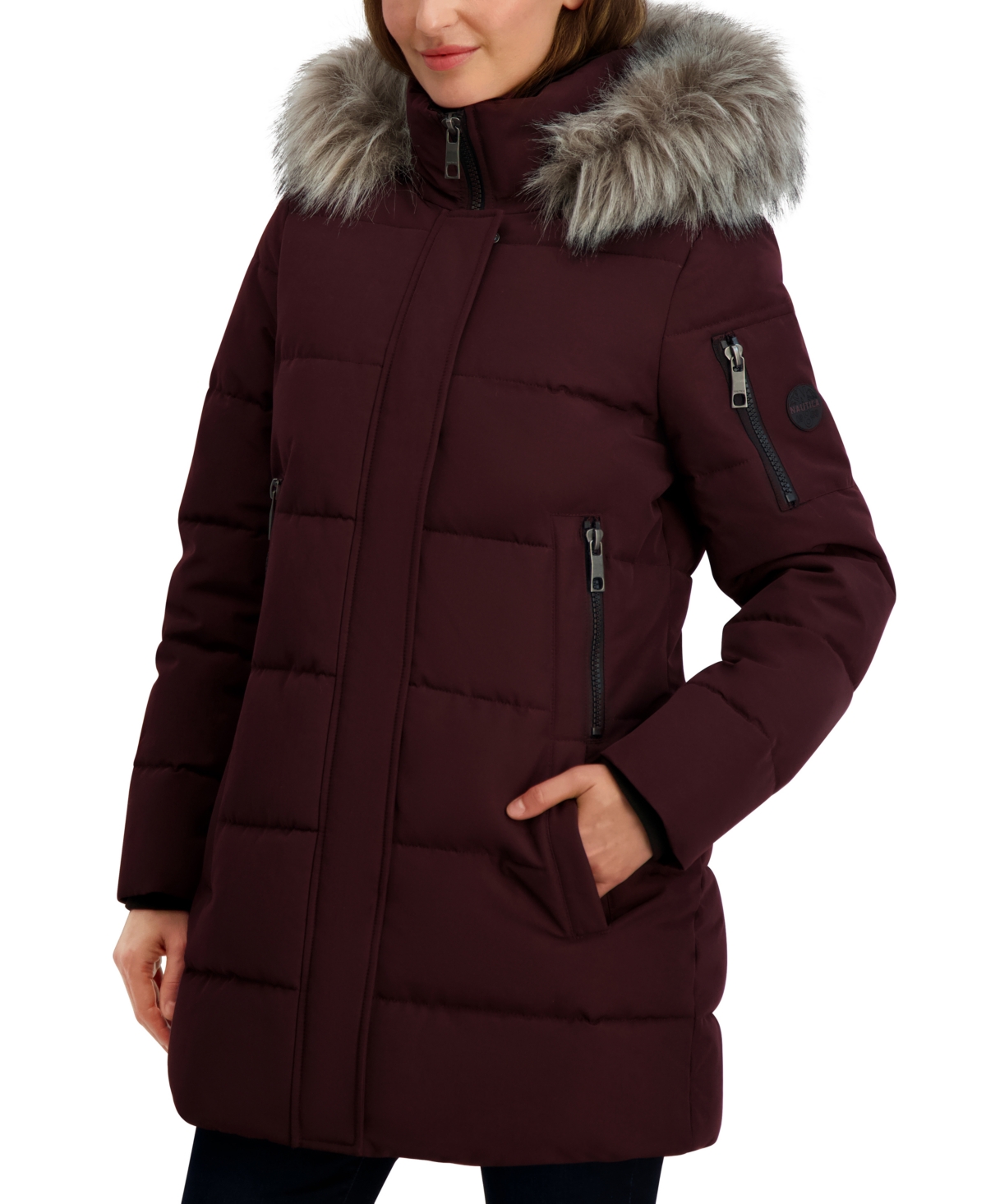 Nautica Women's Faux-fur-trim Hooded Puffer Coat In Burgundy