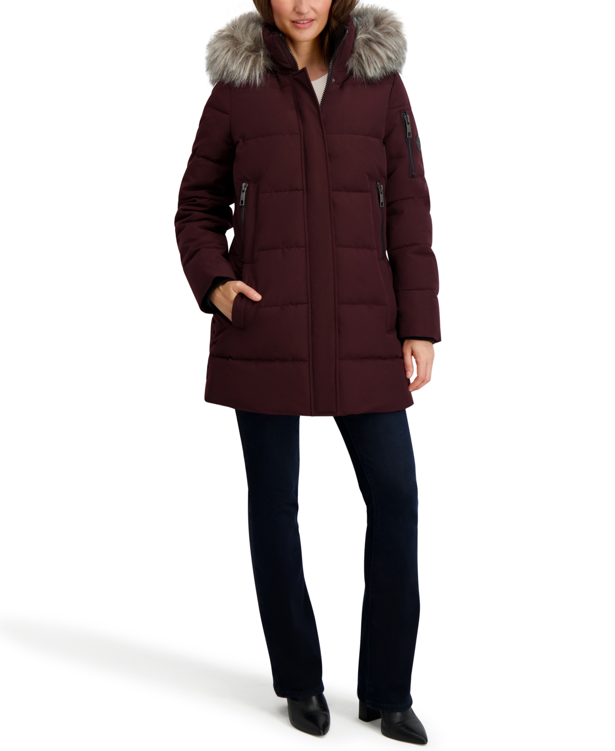 Nautica Women's Faux-fur-trim Hooded Puffer Coat In Burgundy