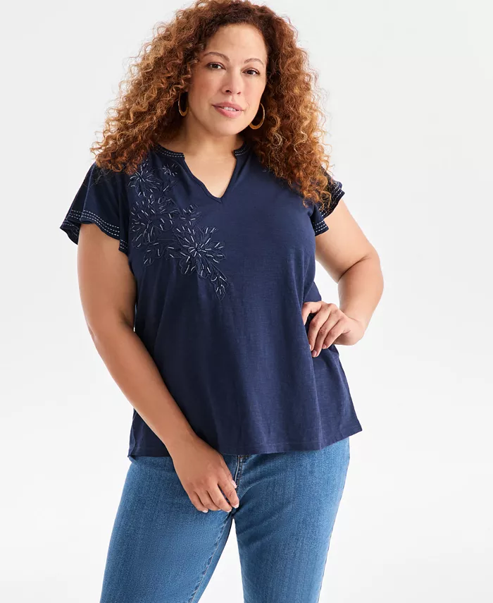 Plus Size Embroidered Flutter-Sleeve Knit Top - thumbnail 5