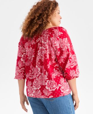 Plus Size V-Neck Printed  Bubble-Sleeve Blouse, Macy's Exclusive 