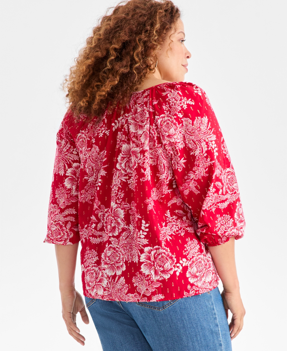 Style & Co Plus Size V-neck Printed Bubble-sleeve Blouse, Macy's Exclusive In Multi