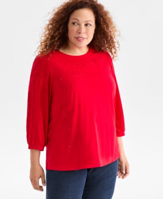 Style & Co - Plus Size Embellished Floral Crewneck Top