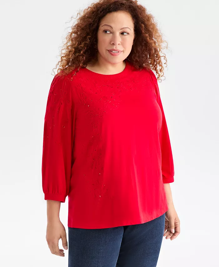 Plus Size Floral Embroidery Shine Knit Top - thumbnail 3