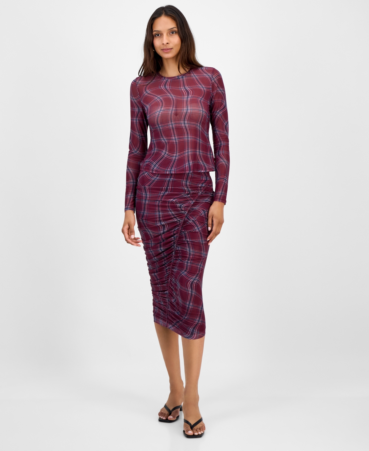 Bar Iii Women's Plaid Mesh Long-sleeve Top, Macy's Exclusive In Multi