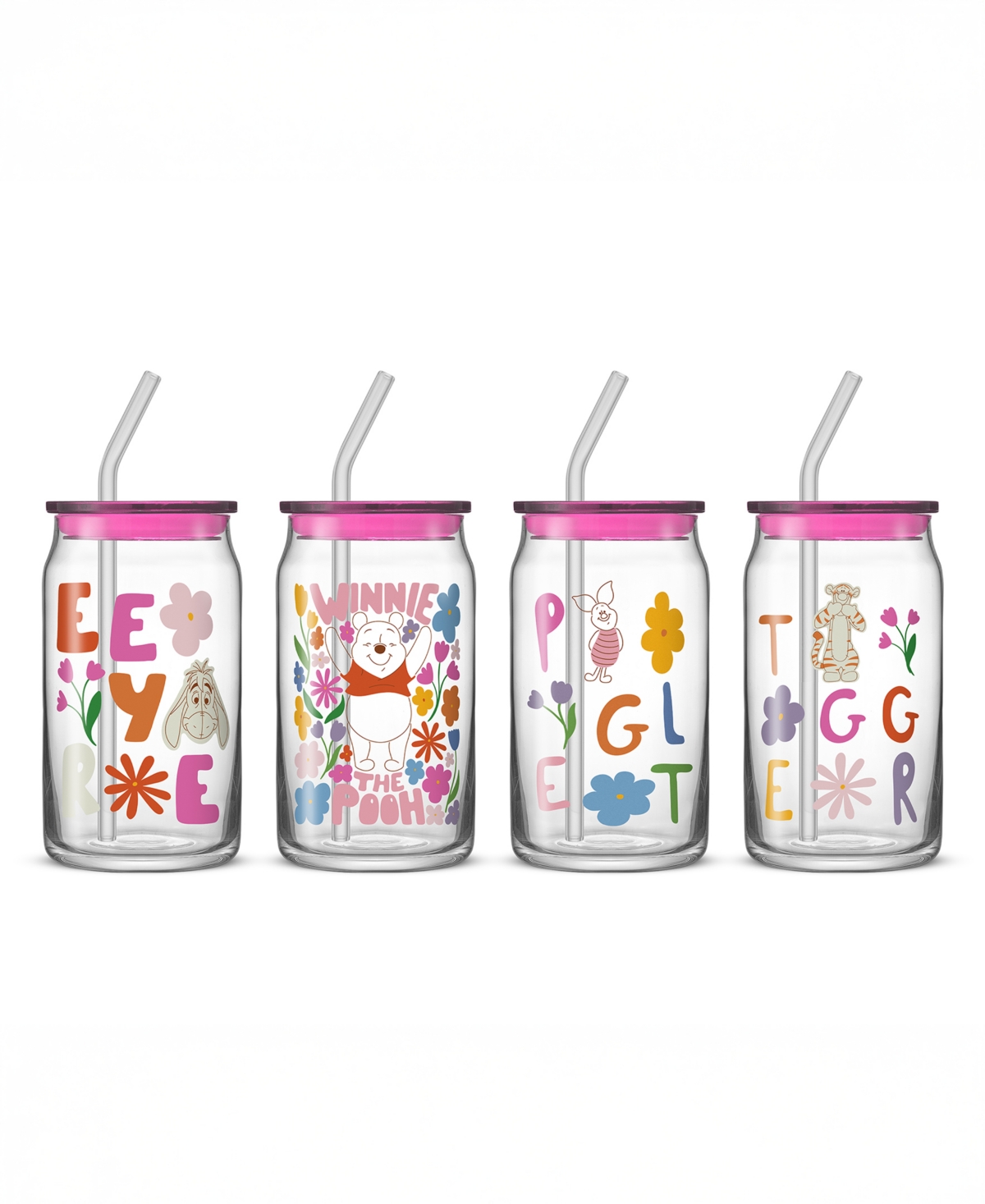 Joyjolt Pooh And Friends Can Tumblers With Lids And Straws, Set Of 4