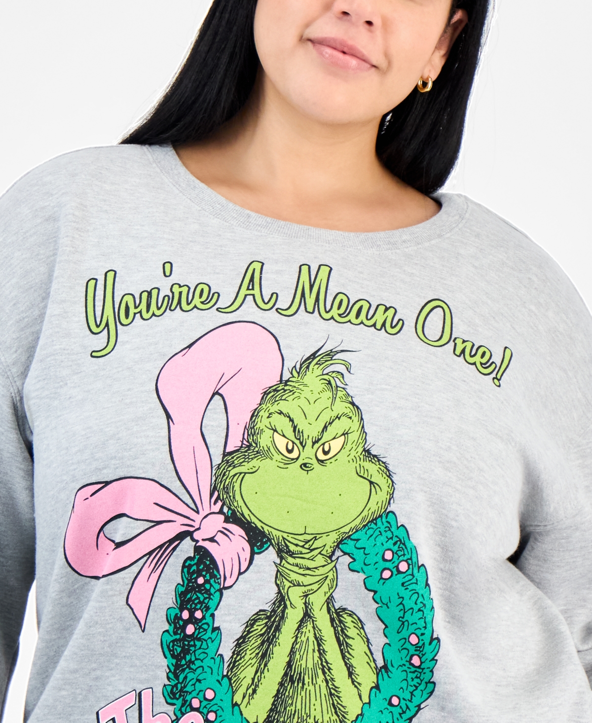 Love Tribe Trendy Plus Size Grinch Wreath Graphic Sweatshirt In Gray